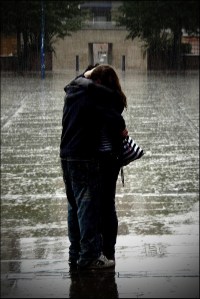 hugging in the rain