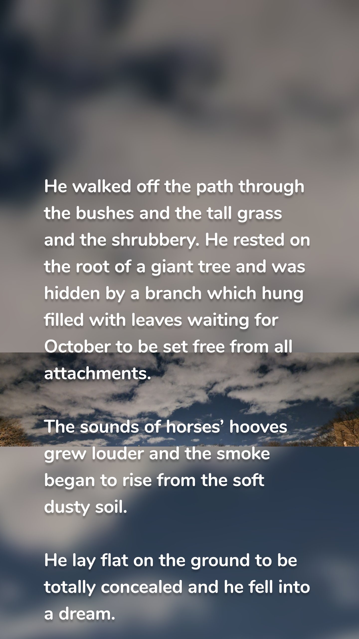 He walked off the path through the bushes and the tall grass and the shrubbery. He rested on the root of a giant tree and was hidden by a branch which hung filled with leaves waiting for October to be set free from all attachments.

The sounds of horses’ hooves grew louder and the smoke began to rise from the soft dusty soil.

He lay flat on the ground to be totally concealed and he fell into a dream.